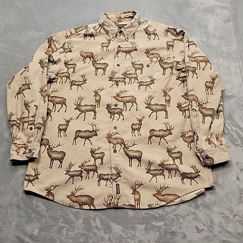Woolrich Shirt Mens 2XL Tan Elk Deer Animal Print Button Down Flannel Cabin